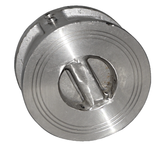 Dual plate check valve seen at an angle showing the body rim and the discs partly open
