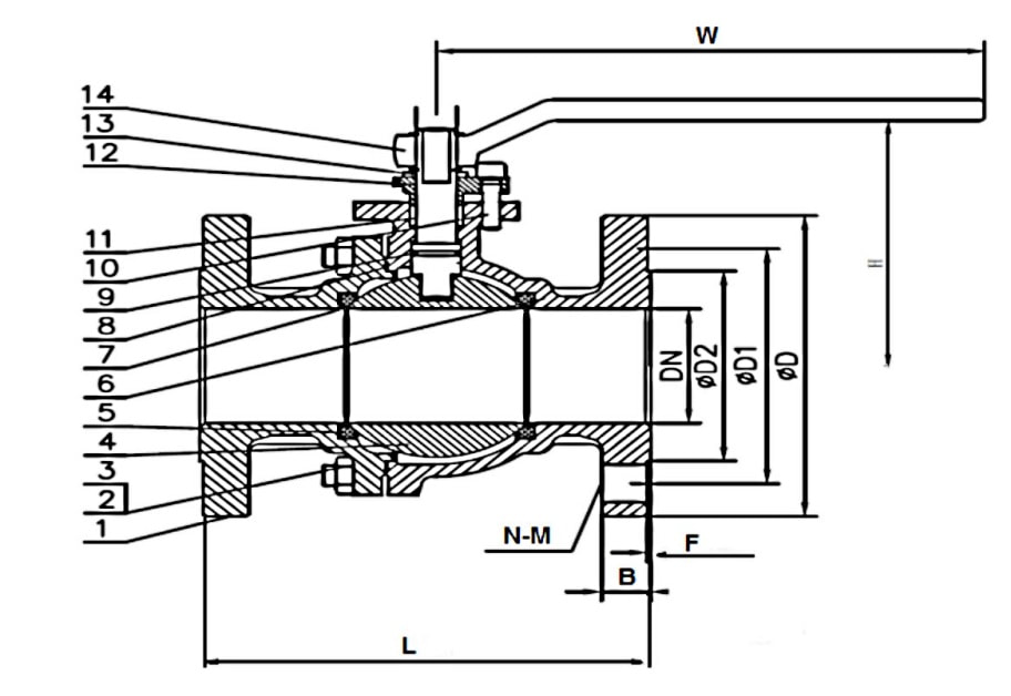 Sectional drawing of a JIS 10K SS316 flange end ball valve with numbered callouts
